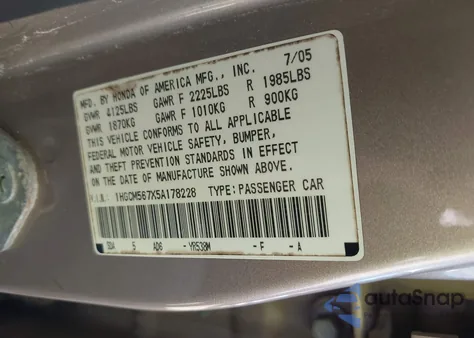 2005 Honda Accord 2.4 Ex z USA, uszkodzony, nr VIN 1HGCM567X5A178228